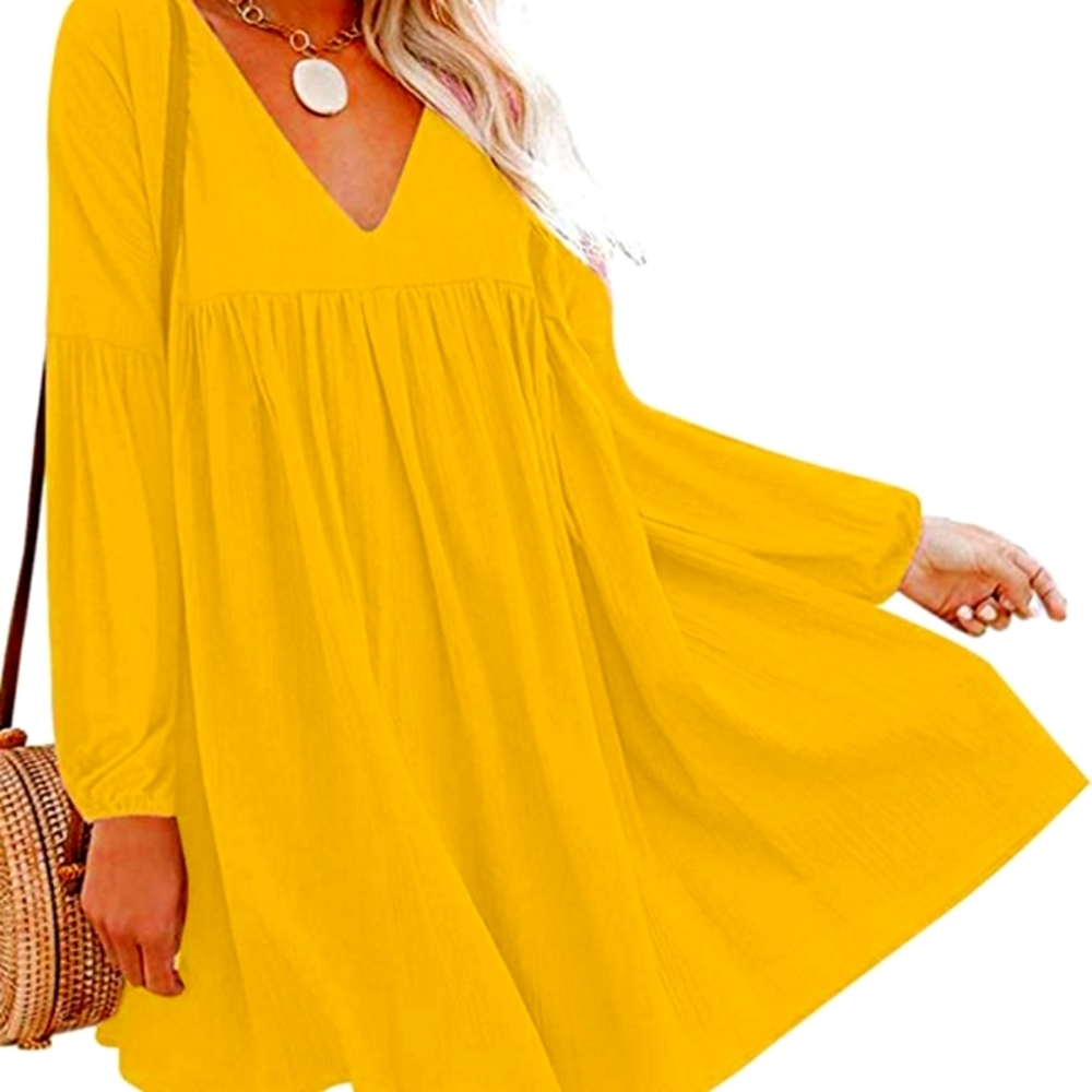 CHVITY Long Sleeves Tunics Loose Swing Casual Shift Dress S Yellow NWT (Y1)